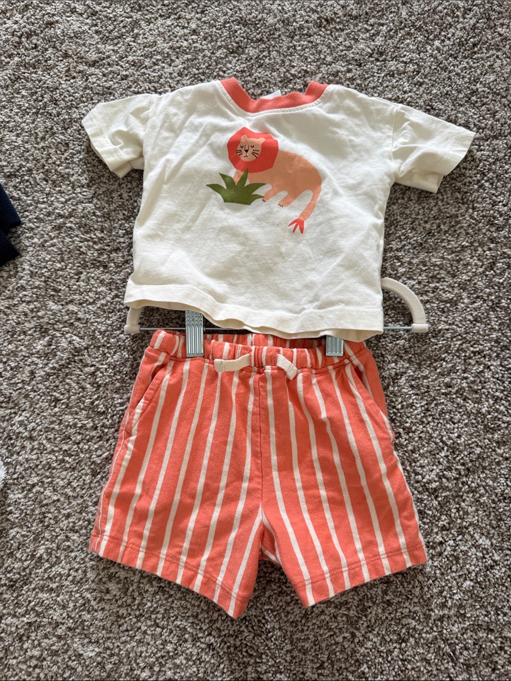 Hanna Andersson Coral Stripe Shorts with White Lion Tee